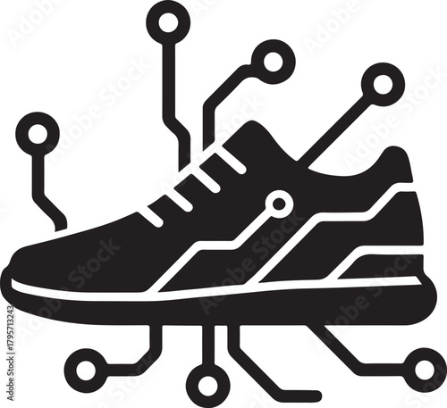 Isolated Footwear Circuit Icons black vector set, shoe fashion icons, sneaker technology digital symbols, solid black tech circuits, minimal outline filled thin stroke, smart chip connections design
