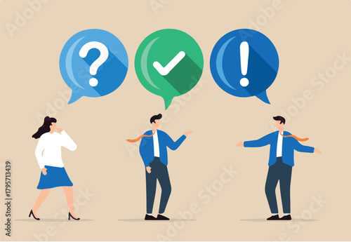 Confused businesspeople asking questions and providing answers to solve problems. Concept of FAQ, advice, help and support services, communication, and team brainstorming