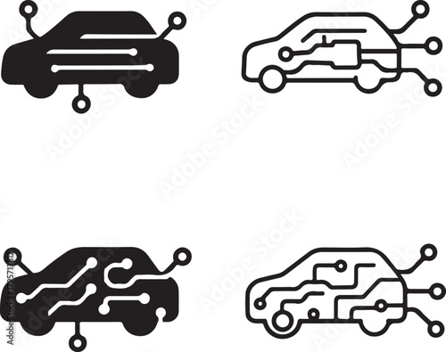 Isolated Car Circuit Icons black vector set, automotive technology icons, vehicle digital symbols, solid black tech circuits, minimal outline filled thin stroke, smart chip connections design