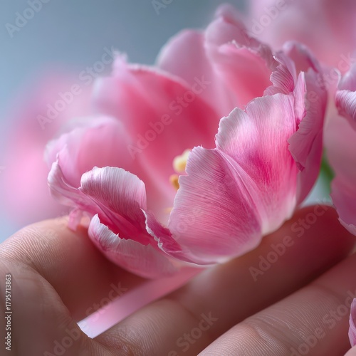 Macro shot of a hand gently caressing the velvety petals of a pink tulip, emphasizing the delicate texture of the flower