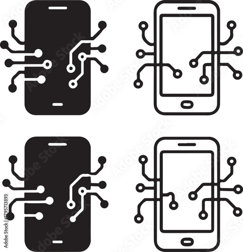 Isolated Mobile Circuit Icons black vector set, mobile device icons, smartphone digital symbols, solid black tech circuits, minimal outline filled thin stroke, smart chip connections design