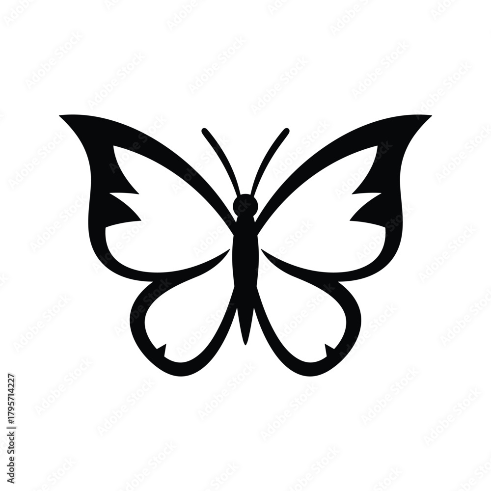 Obraz premium Black and white graphic silhouette of a butterfly with open wings insect