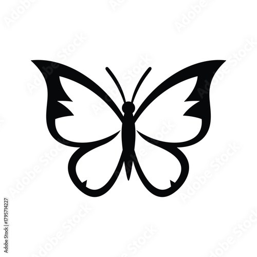 Black and white graphic silhouette of a butterfly with open wings insect