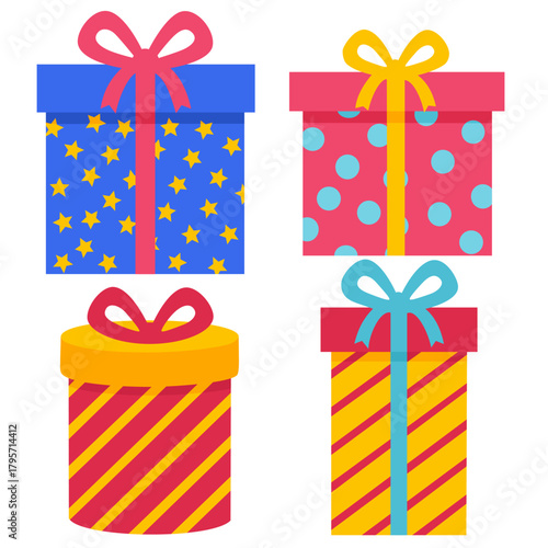 Simple gift boxes set. Holiday presents wrapped in festive paper, decorated with ribbon bows for birthday, Christmas, New Year and other holidays. Vector illustration in flat style