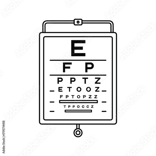 Black and white line art eye chart with letters E F P T O Z C optometry vision test