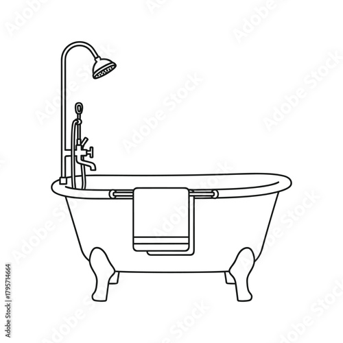 Black and white line drawing of a clawfoot bathtub with shower and towel clawfoot tub bathroom