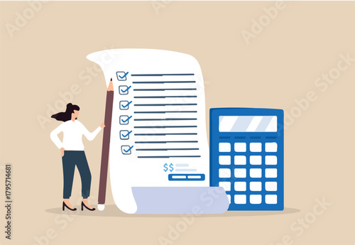 Businesswoman with calculator estimate cost from project document