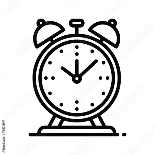 Black line art alarm clock with two bells and round face time wake up