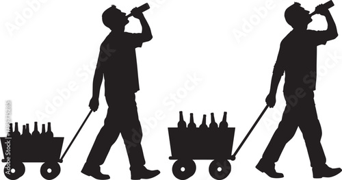 Two men pulling carts filled with bottles drinking from bottles silhouette
