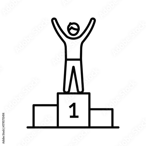 Black outline icon of a person celebrating on a winner's podium with number one first place champion