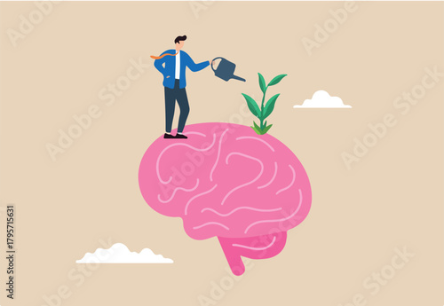 Flat illustration of businessman watering growth seedling on big brain symbolizing growth mindset for learning and improvement
