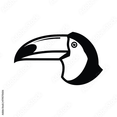 Black and white graphic illustration of a toucan head with a large beak bird animal