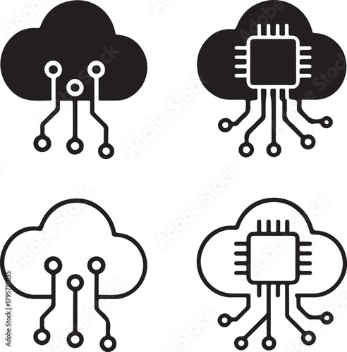 Cloud Storage Circuit Icons black vector set, cloud backup icons, online data storage digital symbols, solid black tech circuits, minimal outline filled thin stroke, smart chip connections design
