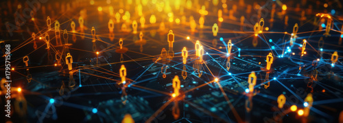 Digital Keys: Abstract digital keys linked together with light forming a complex network, symbolizing the interconnectedness and protection of data in the digital age.