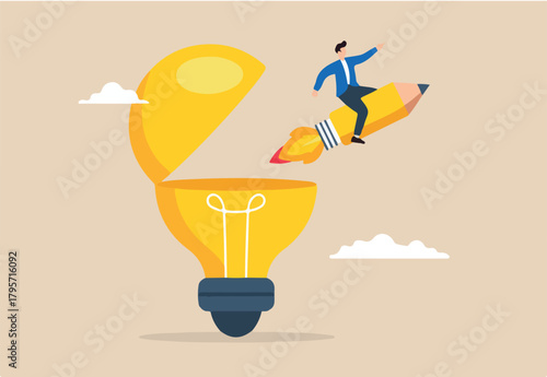 Flat illustration of man riding pencil rocket out of open light bulb creativity development new ideas boost creative thinking genius idea writing content