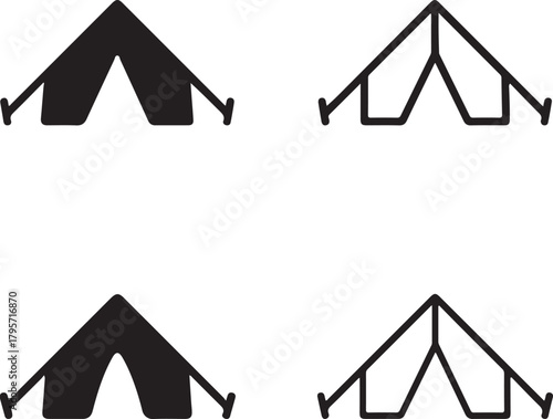 Isolated Stylized Desert Tent Icons black vector set, nomadic shelter travel icons, camping outdoor vector symbols, minimal outline filled thin stroke, desert camp vector design isolated symbols