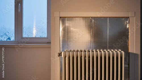 Wallpaper Mural White radiator with reflective foil insulation near a frosted window, demonstrating an energy-saving solution that reduces heat loss and improves efficiency during cold seasons Torontodigital.ca