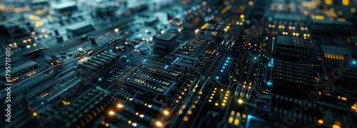 Cyber Circuitry: A captivating close-up of a complex circuit board, a maze of pathways and components illuminating with electric vitality. Evoking a sense of technological marvel and innovation.