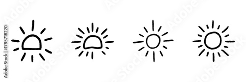 Sunrise To Noon Sun Line Icon Set In Doodle Style. Daytime Progression And Sunlight Cycle Outline Sketch Collection. Weather And Time Concept. Hand Drawn Isolated Vector Illustration