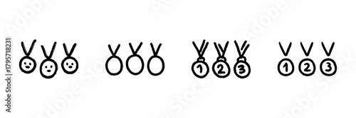 Medals Line Icon Set In Doodle Style. Achievement, Ranking, And Award Recognition Outline Sketch Collection. Hand Drawn Isolated Vector Illustration