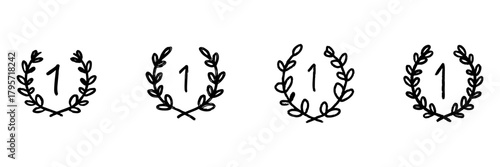 Number One Laurel Wreath Line Icon Set In Doodle Style. Achievement, Excellence, And Victory Recognition Outline Sketch Collection. Award And Honor Symbol. Hand Drawn Isolated Vector Illustration