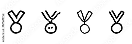 Medal Line Icon Set In Doodle Style. Achievement, Award Recognition, And Success Symbol Outline Sketch Collection. Hand Drawn Isolated Vector Illustration