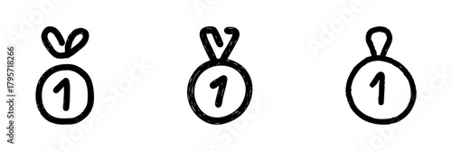 Medal With Number One Line Icon Set In Doodle Style. Achievement, Victory, And First Place Recognition Outline Sketch Collection. Award And Competition Symbol. Hand Drawn Isolated Vector Illustration