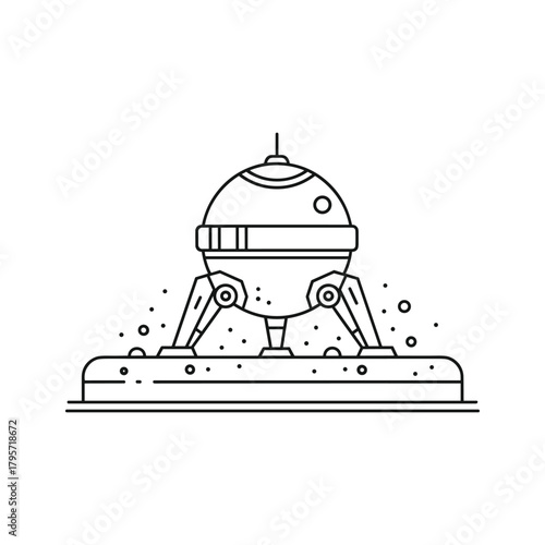 Line art illustration of a spherical robot with three legs on a platform droid android