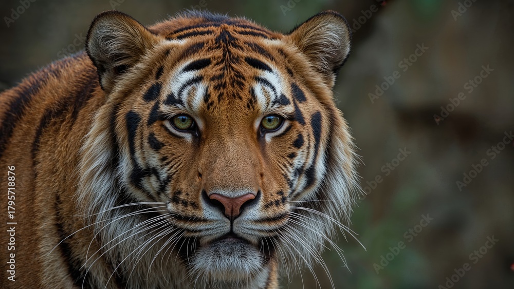 Fototapeta premium Close-up of a tiger's face showing distinctive striped fur, piercing eyes, and detailed facial features.