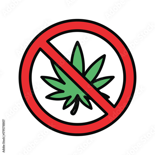 Red prohibition sign over green cannabis leaf no drugs symbol marijuana red circle