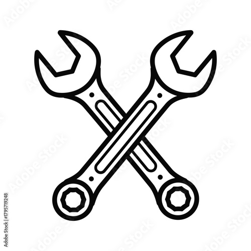 Two crossed open end wrenches black outline on white background spanner tool