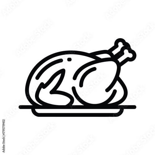 Black outline icon of a whole roasted chicken on a platter roast chicken poultry