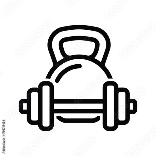 Black outline icon of kettlebell and barbell on white background weightlifting fitness