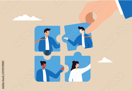 Businessman hand assembling puzzle of diverse people concept diversity inclusion and creating cohesive workforce