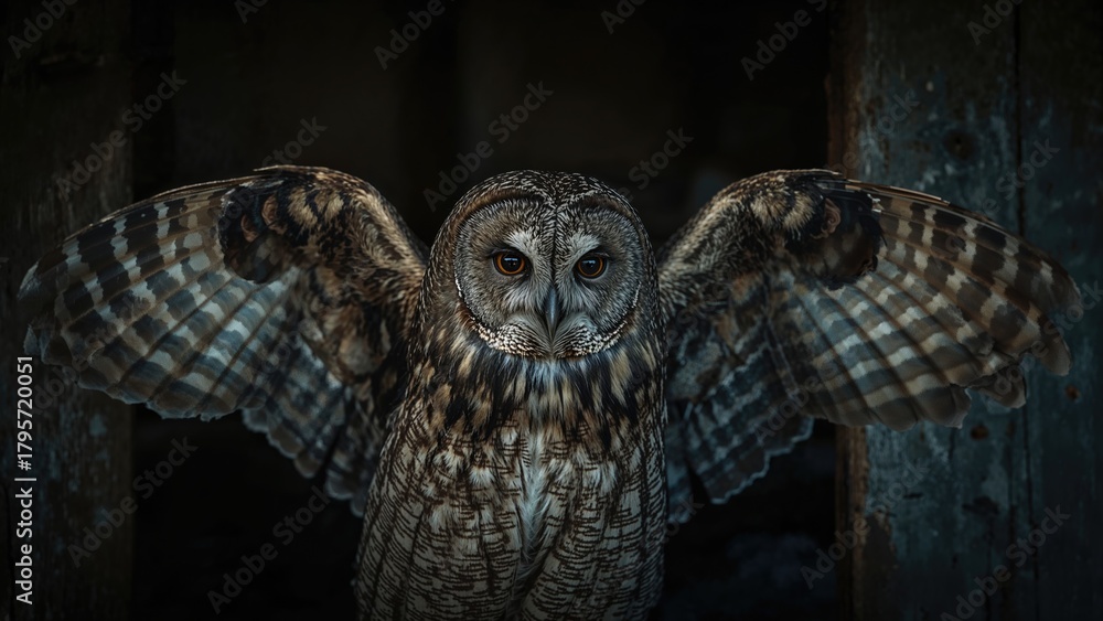 Fototapeta premium A majestic owl with outstretched wings inside a dark, rustic setting. Wildlife and nature, nocturnal bird, nocturnal creatures, bird photography. The image of an owl with wings spread wide.