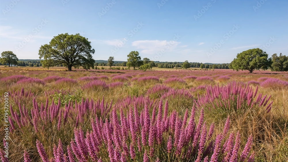 Fototapeta premium A field of purple heather with scattered trees and a clear blue sky.