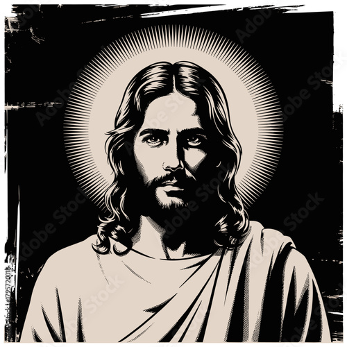 Jesus Christ Portrait with Radiant Halo in Vintage Style religious christianity
