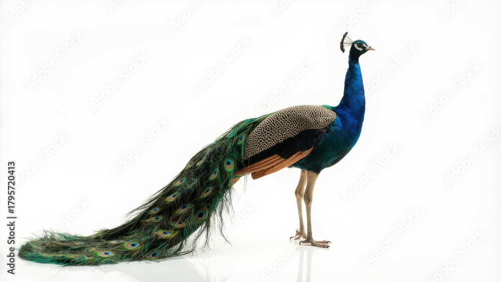 Fototapeta premium Elegant peacock with vibrant plumage isolated on a clean white background