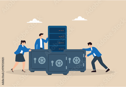 Flat illustration of people surrounding server with vault safes to protect encrypted data and prevent cybersecurity breaches
