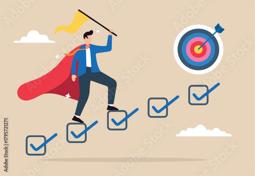 Superhero businessman finish task checklist for work target in flat design