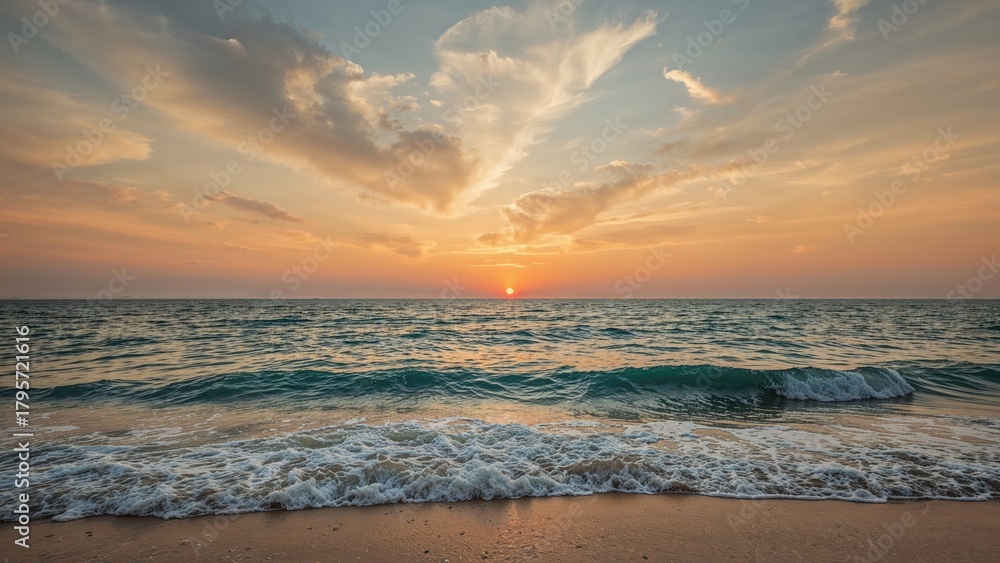 Fototapeta premium Sunset over the ocean with waves and a cloudy sky, capturing a beautiful evening by the sea.