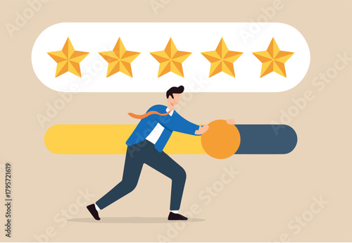 Five star feedback review from satisfied customer or client with slider bar in flat design