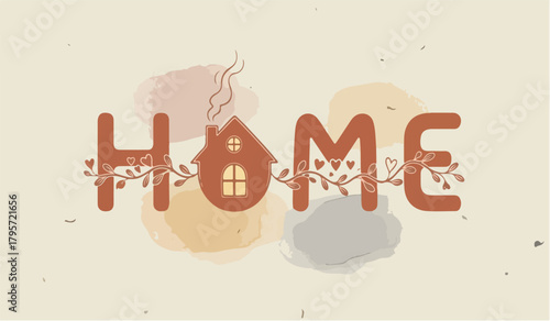 Home word art with house and heart vine illustration