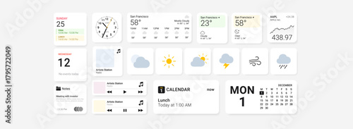 Minimal iOS-style interface with widget elements: weather, calendar, notes, clock, stock tracker, and music player. Clean dashboard layout on white background for modern productivity preview.