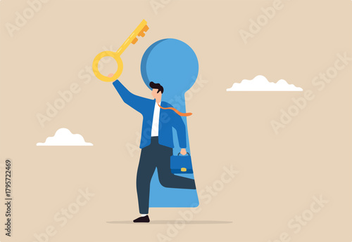 Businessman open door with secret golden key through keyhole in flat design