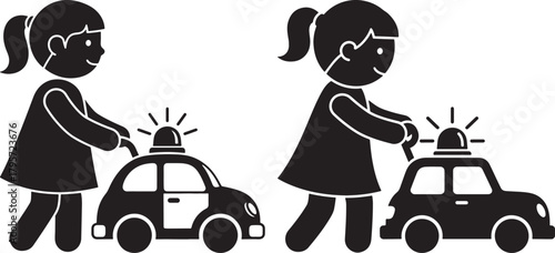 Two children pushing police car toys in a silhouette style