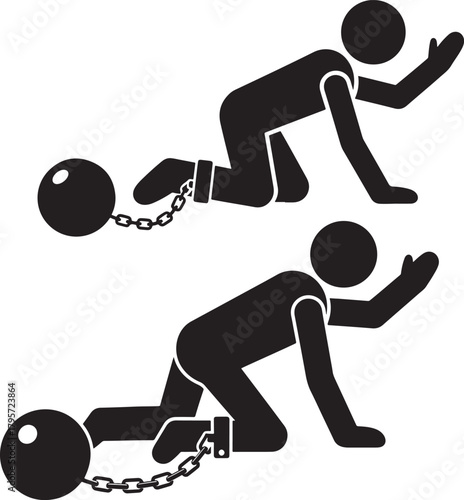 Two figures in silhouette chained to ball and chain on white background silhouette
