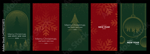 Set of five vertical Christmas and New Year 2026 greeting card designs with festive ornaments and elegant dotted patterns for holiday celebration.