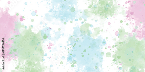 Pastel watercolor splash background with soft pink, green, and blue hues on white