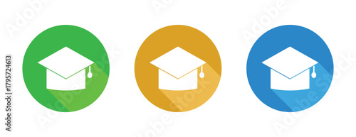 Graduation Cap Icons with Long Shadow Effect in Circular Colorful Badges, University Education and Learning Symbol